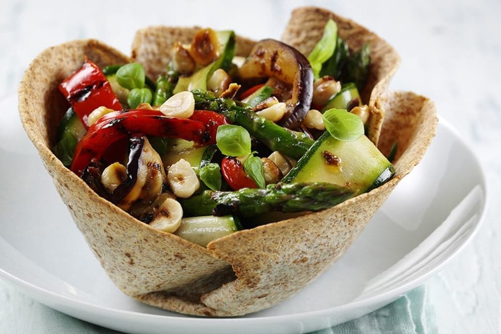 marinated Italian ribbon salad in tortilla baskets