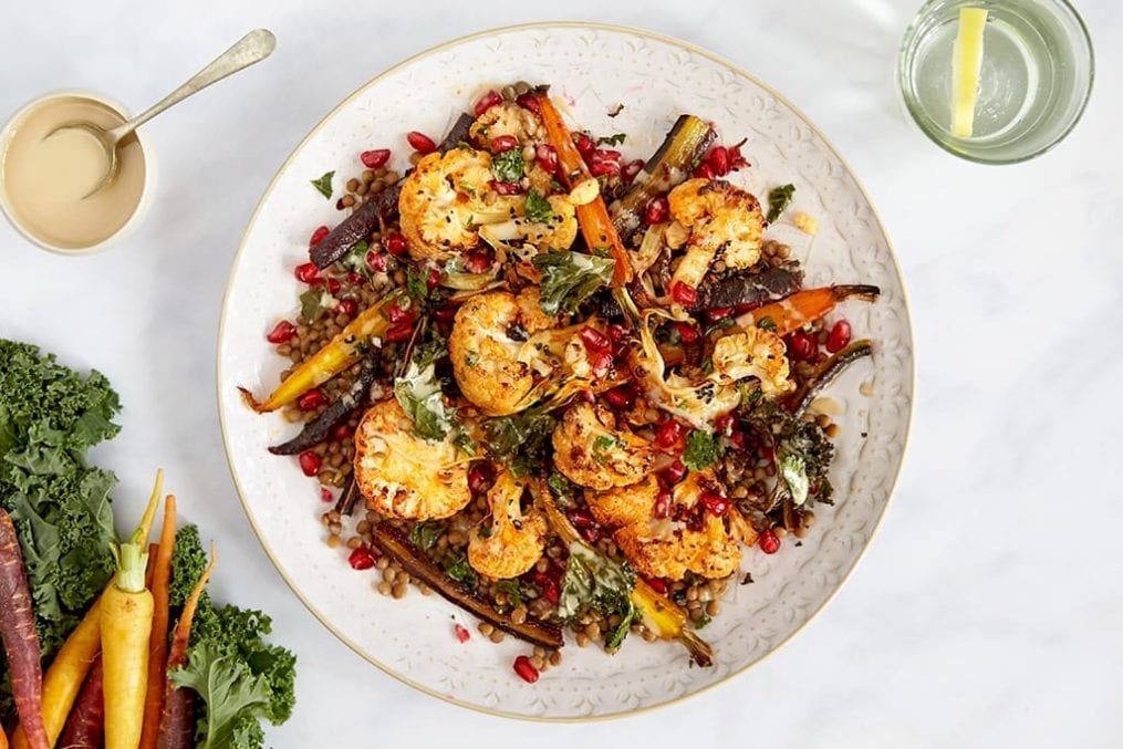 Harissa cauliflower, herby lentils and tahini